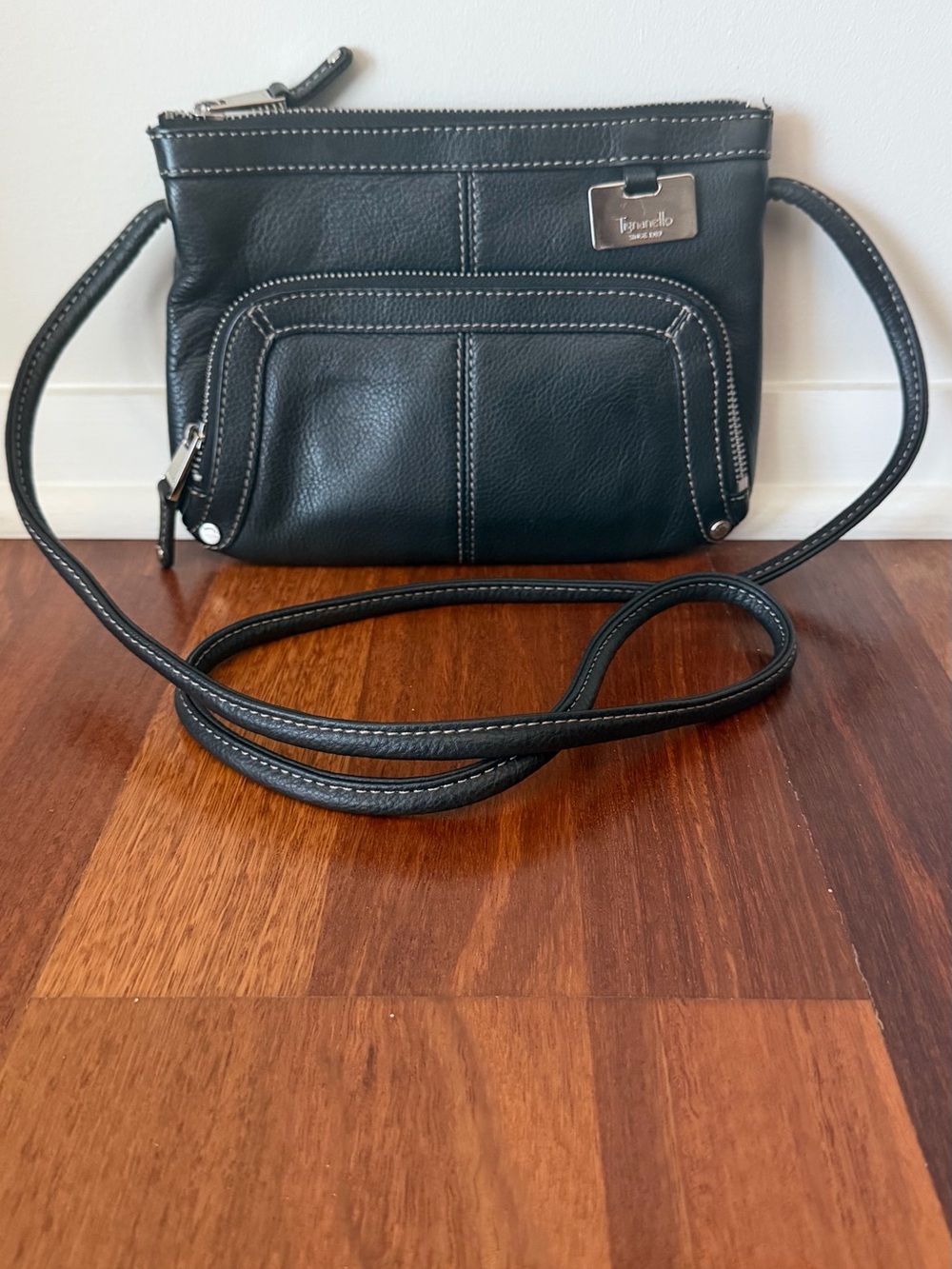 Tignanello Black Leather Crossbody with Silver Hardware